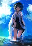  1girl female hiei_(kantai_collection) kaamin_(mariarose753) kantai_collection outdoors partially_submerged short_hair smile solo twitter_username water 