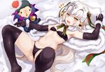  1girl :o ahoge armpits ass bandeau bangs bell bikini black_bikini black_gloves black_legwear blush bow bowtie breasts capelet caster_(fate/zero) character_doll christmas drooling elbow_gloves eyebrows eyebrows_visible_through_hair fang fate/grand_order fate_(series) gloves hair_bow hair_ribbon hat headpiece jeanne_d'arc_(fate)_(all) jeanne_d'arc_alter_santa_lily jirusu knees_up long_hair looking_at_viewer lying md5_mismatch navel no_shoes on_back ribbon santa_hat shadow skindentation small_breasts solo spread_legs stomach striped striped_bow striped_neckwear swimsuit thighhighs thong_bikini underboob very_long_hair white_hair wrist_cuffs yellow_eyes 