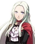  1girl cape cravat edelgard_von_hresvelgr_(fire_emblem) expressionless fire_emblem fire_emblem:_fuukasetsugetsu gloves hair_ornament head_tilt kokouno_oyazi long_hair looking_at_viewer nintendo purple_eyes red_cape silver_hair simple_background smile solo uniform very_long_hair white_background 