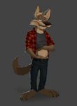  anthro barefoot belt canine clothed clothing facial_hair hand_in_pants looking_at_viewer male mammal orf pants shirt solo wade_wolf wolf 