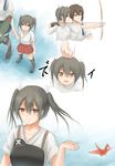  bow_(weapon) commentary_request grey_hair hair_ribbon hakama_skirt highres japanese_clothes k_jie kaga_(kantai_collection) kantai_collection multiple_girls muneate origami paper_crane punching ribbon side_ponytail twintails weapon white_ribbon younger zuikaku_(kantai_collection) 
