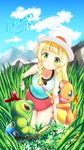  blonde_hair blue_(pokemon) blue_(pokemon)_(cosplay) braid caterpie charmander cloud cosplay day gen_1_pokemon grass green_eyes hat highres lillie_(pokemon) long_hair mountain pokemon pokemon_(creature) pokemon_(game) pokemon_frlg pokemon_sm red_skirt shiitake_taishi skirt sky sleeveless twin_braids 