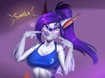  2016 5_fingers anthro bra breasts cleavage clothed clothing doomthewolf ear_piercing english_text eyebrows eyelashes female fin fish grin hi_res looking_at_viewer marine piercing pointy_ears sally_(doomthewolf) shark smile solo sports_bra text underwear 