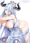  areolae ass bent_over blue_eyes blue_hair breasts character_name draph dress eyes_visible_through_hair flower granblue_fantasy hair_flower hair_ornament hair_over_one_eye hews_hack horns izmir large_breasts long_dress long_hair looking_back mole mole_under_mouth nipples pointy_ears rose sleeveless sleeveless_dress solo spread_legs tongue tongue_out torn_clothes white_dress white_flower white_rose 