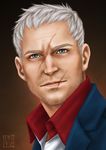  blue_eyes brown_background casual collared_shirt ears eyebrows facial_hair gradient gradient_background highres light_smile looking_at_viewer male_focus nose overwatch portrait realistic scar shirt soldier:_76_(overwatch) solo stubble trixia white_hair 