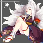  amehou_tari animal_ears bell blush kimono kitsunemimi long_hair sandals short_kimono tail wafuku white_hair yellow_eyes 