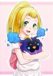  :d backpack bag blonde_hair blush braid collared_shirt cosmog french_braid gen_7_pokemon green_eyes high_ponytail lillie_(pokemon) long_hair looking_away looking_to_the_side open_mouth pleated_skirt pokemon pokemon_(creature) pokemon_(game) pokemon_sm shirt short_sleeves skirt smile soyo2106 spoilers upper_body white_shirt white_skirt 
