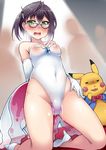  heels kantai_collection leotard megane nipples no_bra nopan okinami_(kancolle) pikachu pokemon pussy_juice see_through torisukerabasu vibrator 