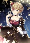  beatrice blonde_hair blue_eyes bow breasts bug butterfly checkered checkered_background choker cleavage dress flower grin hair_bun hair_flower hair_ornament insect jewelry medium_breasts ring shimatamago smile solo umineko_no_naku_koro_ni 