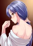  1girl adjusting_hair back bangs bare_shoulders blue_hair blush brown_background brown_eyes closed_mouth commentary_request dan_(orange_train) eyebrows_visible_through_hair fingernails from_behind gradient gradient_background hands_up idolmaster idolmaster_million_live! kisaragi_chihaya light_frown long_hair long_sleeves looking_at_viewer looking_back nape profile shiny shiny_hair solo upper_body 