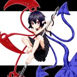  asymmetrical_wings bare_legs barefoot black_dress black_hair commentary_request dress fang feet houjuu_nue no_panties pointy_ears polearm red_eyes ryu-tan short_dress sleeveless sleeveless_dress slit_pupils smile solo touhou upskirt weapon wings 