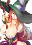  :q bare_shoulders between_breasts breasts cleavage detached_sleeves dragon's_crown dress hat hat_over_one_eye highres huge_breasts ivo_naldo long_hair red_hair side_slit smile solo sorceress_(dragon's_crown) staff strapless strapless_dress tongue tongue_out witch_hat 