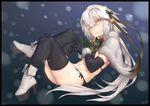  artist_name ass bangs bell bikini black_border boots border capelet elbow_gloves eyebrows eyebrows_visible_through_hair fate/grand_order fate_(series) fur_trim gloves green_ribbon hair_between_eyes hair_ribbon headpiece highres jeanne_d'arc_(fate)_(all) jeanne_d'arc_alter_santa_lily light_smile long_hair looking_at_viewer lying navel on_back own_hands_together platform_footwear red_ribbon ribbon side-tie_bikini silver_hair solo striped striped_ribbon swimsuit thighhighs thighs yellow_eyes yin-ting_tian 