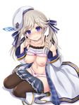  beret black_legwear blonde_hair blue_eyes blush boots bow bow_bra bow_panties bra bra_lift breasts coat collarbone commentary_request cucouroux_(granblue_fantasy) granblue_fantasy hair_ribbon hat knee_boots long_hair long_sleeves looking_at_viewer md5_mismatch medium_breasts navel ozu_yugurou panties pink_bra pink_panties ribbon shirt_lift skirt smile solo squatting thighhighs twintails underwear wavy_mouth 
