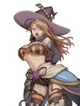 arms_behind_back bandeau bangs bare_shoulders beatrix_(granblue_fantasy) black_legwear black_ribbon breasts brown_eyes brown_hair chestnut_mouth cleavage commentary_request cowboy_shot detached_sleeves granblue_fantasy halloween_costume hat jonylaser large_breasts long_hair looking_at_viewer midriff navel open_mouth ribbon skirt solo strapless thighhighs underboob white_background witch_hat 