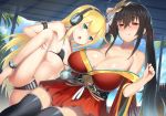  2girls ahoge albacore_(azur_lane) azur_lane bangs bare_shoulders bikini black_hair black_legwear blonde_hair blush breasts cleavage closed_mouth collarbone commentary_request crossed_bangs day eyebrows_visible_through_hair fang green_eyes hair_between_eyes headphones highres huge_breasts japanese_clothes kimono leg_up long_hair long_sleeves looking_at_viewer mask mask_on_head multiple_girls navel nose_blush open_mouth red_eyes red_kimono red_ribbon ribbon shiny shiny_skin sky small_breasts swimsuit taihou_(azur_lane) thighhighs tied_hair tongue tongue_out twintails unizou very_long_hair water wide_sleeves 