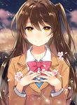  apring bad_id bad_pixiv_id banned_artist blazer bow bowtie brown_eyes brown_hair brown_jacket buttons city cloud cloudy_sky collared_shirt crying crying_with_eyes_open flower hair_between_eyes hands_on_own_chest idolmaster idolmaster_cinderella_girls jacket long_hair looking_at_viewer one_side_up petals pink_flower red_bow red_neckwear shimamura_uzuki shirt sky smile solo tears upper_body white_shirt 