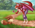  4_toes 5_fingers ambiguous_gender anthro barefoot brown_fur clothed clothing day digitigrade dragon duo eevee female fur grass hat imanika membranous_wings nintendo outside pale_eyes pok&eacute;ball pok&eacute;mon sky toes video_games wings 