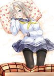  black_legwear blue_eyes blush breasts cherry_print commentary_request food_print from_above fujishima_shinnosuke hair_ornament hair_over_one_eye hairclip hamakaze_(kantai_collection) kantai_collection kotatsu large_breasts long_sleeves lying neckerchief on_back one_eye_closed open_mouth pantyhose pillow pleated_skirt sailor_collar school_uniform serafuku silver_hair skirt solo table thighband_pantyhose yellow_neckwear 
