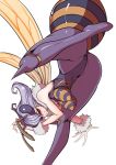  1girl animal_ears antennae bee_girl breasts highres insect_girl large_breasts licking_lips looking_at_viewer monster_girl purple_eyes purple_hair q-bee sangyou_haikibutsu_(turnamoonright) short_hair simple_background solo tongue tongue_out vampire_(game) wings 