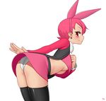  1girl animal_ears ass black_legwear blush breasts bunny_ears come_hither fake_animal_ears kuroonehalf large_breasts leaniing leaning_forward looking_at_viewer looking_back naughty_face original panties pink_hair red_eyes shiny shiny_clothes shiny_hair shiny_skin short_hair skirt smile solo thighhighs underboob underwear upskirt vest 