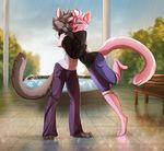  anthro barefoot black_lips cat clothed clothing day detailed_background duo eyelashes eyes_closed feline feral fur grey_fur hug inside mammal open_mouth pink_fur shuryashish tai_lung_(artist) teeth tongue window 