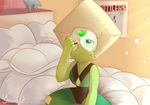  alien ambiguous_gender bed cartoon_network cute english_text gem_(species) green_eyes not_furry one_eye_closed peridot_(steven_universe) sitting solo steven_universe text yereren_(artist) 