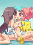  3girls :d aqua_hair ass awa blue_eyes blush bottomless breast_grab breasts brown_hair crotch_grab dankain_reiko female grabbing green_eyes hair_ornament hair_ribbon kneeling licking long_hair looking_at_another looking_at_viewer multiple_girls navel nipples open_clothes open_mouth open_shirt pink_eyes pink_hair pussy ribbon shirt shirt_pull short_hair short_twintails sitting sitting_on_person smile socks spread_legs sweater tanaka_yutori tongue tongue_out tsumekomi_shiori twintails uncensored yuri yutori-chan 
