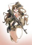  ak-74 assault_rifle belt brown_eyes brown_hair glasses gloves green_shirt gun handgun holster idolmaster idolmaster_cinderella_girls knife load_bearing_vest long_hair midriff navel one_side_up open_mouth rifle scarf shimamura_uzuki shino_(r_shughart) shirt short_shorts shorts solo trigger_discipline vertical_foregrip weapon weapon_request 