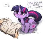  2016 blush book buttersprinkle cutie_mark disembodied_hand english_text equine feathers female feral friendship_is_magic fur hair horn looking_at_viewer mammal multicolored_hair my_little_pony purple_feathers purple_fur simple_background solo text twilight_sparkle_(mlp) white_background winged_unicorn wings 