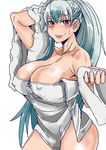  absurdres alternate_hairstyle bangs blue_hair blush breasts cleavage collarbone covered_nipples cowboy_shot eyebrows_visible_through_hair foreshortening hair_between_eyes heiseikorotaisei highres hips kamishirasawa_keine large_breasts lips long_hair long_ponytail looking_at_viewer multicolored_hair naked_towel ponytail pov puffy_nipples red_eyes simple_background single_sidelock smile solo thighs touhou towel towel_on_head two-tone_hair very_long_hair wet white_background 