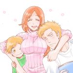  3mm :d :t ;t ^_^ bleach bleach:_epilogue blush book boy_sandwich cheek-to-breast closed_eyes family father_and_son hair_ornament hairclip hood hoodie husband_and_wife inoue_orihime kurosaki_ichigo kurosaki_kazui lowres mother_and_son multiple_boys one_eye_closed open_mouth orange_eyes orange_hair ribbed_sweater sandwiched simple_background smile spoilers sweater upper_body white_background 