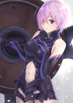  armor armored_dress black_dress dress elbow_gloves eyes_visible_through_hair fate/grand_order fate_(series) gloves hair_over_one_eye hand_on_own_chest looking_at_viewer mash_kyrielight navel navel_cutout purple_eyes purple_hair razaria shield short_hair smile solo 