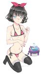  bikini black_hair blue_eyes blush box bulge coin_rand condom_box crossdressing hair_ribbon kneeling looking_at_viewer male_focus nail_polish navel original otoko_no_ko ribbon short_hair side-tie_bikini smile solo stool swimsuit thighhighs 