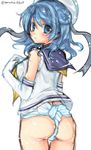  ass blue_eyes blue_hair blush double_bun elbow_gloves fundoshi gloves hat japanese_clothes kantai_collection looking_at_viewer looking_back petit_alice sailor_hat school_uniform serafuku sketch sleeves_rolled_up solo urakaze_(kantai_collection) yellow_neckwear 