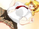  blonde_hair blush breasts commentary_request curvy date_pun fat good_meat_day headphones huge_breasts isuna looking_at_viewer meat_day midriff navel necktie nitroplus number_pun open_mouth orange_eyes pleated_skirt plump red_neckwear school_uniform shirt short_hair skirt smile solo super_pochaco twintails white_shirt 