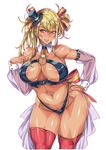  blonde_hair breasts cleavage covered_nipples curvy dark_skin detached_sleeves index_acg large_breasts original plump puffy_nipples revealing_clothes solo thick_thighs thighhighs thighs 