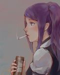  bangs black_eyes can cigarette from_side grey_background holding holding_can julianne_stingray k-blehmeh long_hair looking_to_the_side mouth_hold parted_lips profile puffy_short_sleeves puffy_sleeves purple_hair short_sleeves smoke smoking solo swept_bangs twintails upper_body va-11_hall-a 