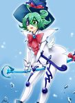  1girl blue_background blue_hat blush broom duel_monster gloves green_eyes green_hair happy holding_broom navel red_ribbon ribbon smile solo white_clothes white_gloves windwitch_glass_bell wings witch witch_hat yu-gi-oh! yuu-gi-ou_duel_monsters 