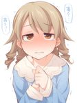  bad_id bad_pixiv_id biting blonde_hair blouse blue_blouse blush closed_mouth collared_blouse drill_hair embarrassed eyebrows eyebrows_visible_through_hair face hands_on_own_chest hands_together idolmaster idolmaster_cinderella_girls lip_biting long_sleeves looking_at_viewer medium_hair morikubo_nono no_nose nose_blush orange_eyes portrait simple_background solo speech_bubble sweatdrop tearing_up tears trembling upper_body ushi white_background 