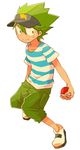  arin-ko capri_pants cosplay green_hair holding holding_poke_ball kameyama_tokusa male_focus orange_eyes pants poke_ball poke_ball_(generic) pokemon pokemon_(game) pokemon_sm shirt simple_background smile spiked_hair striped striped_shirt t-shirt tan tenkai_knights visor_cap white_background you_(pokemon) you_(pokemon)_(cosplay) 