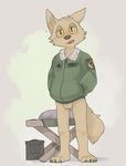  2016 4_toes anthro balls black_nose blush bottomless canine clothed clothing cub fur hands_in_pockets huka jacket looking_at_viewer male mammal open_mouth simple_background solo tan_balls tan_fur toes wolf yellow_eyes young 