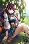  animal animal_on_lap blue_eyes breasts brown_hair bunny carrot cleavage cleavage_cutout daisy dappled_sunlight deijii_(papakai) dress elbow_rest flower hair_flower hair_ornament hand_to_forehead knees_up layered_dress light_smile long_hair long_sleeves looking_at_viewer medium_breasts original plant sitting solo sunlight 