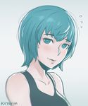  aqua_eyes aqua_hair artist_name bare_shoulders black_shirt blush breasts closed_mouth collarbone eyebrows eyebrows_visible_through_hair flying_sweatdrops gradient gradient_background koyorin medium_breasts sei_(va-11_hall-a) shirt short_hair solo sweatdrop tank_top upper_body va-11_hall-a 