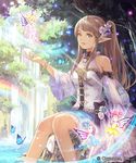  bracelet brown_eyes brown_hair day detached_sleeves dress fairy fairy_whisperer flower hair_flower hair_ornament harupy highres jewelry long_hair looking_at_viewer multiple_girls official_art outdoors pointy_ears ponytail rainbow shadowverse shingeki_no_bahamut sitting sunlight water waterfall watermark white_dress 