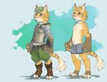  anthro armor boots boxers_(clothing) bulge chestplate clothing digitigrade feline footwear hat huka male mammal pawpads red_eyes shirt shorts simple_background solo standing teenager tiger underwear young 