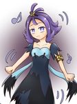  1girl :3 acerola_(pokemon) blush clenched_hands dress eyebrows eyelashes gradient_background hair_ornament looking_at_viewer multicolored_dress musical_note nintendo pokemon pokemon_(game) pokemon_sm purple_eyebrows purple_eyes purple_hair solo stitches 
