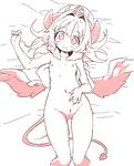  1girl anus arcana_trust demon_tail female hat horns lying monochrome navel nezumi_inu nude on_back pointy_ears pussy shinrabanshou smile solo tail thigh_gap wings 