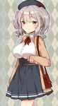  argyle argyle_background bag blush breasts character_name commentary_request heart ichihaya kantai_collection kashima_(kantai_collection) large_breasts long_sleeves looking_at_viewer meme_attire shoulder_bag silver_hair smile solo twintails virgin_killer_outfit 