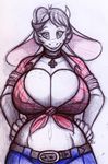  anthro big_breasts bovine breasts cattle clothed clothing female huge_breasts kraken_(artist) looking_at_viewer mammal nipple_bulge sketch smile solo traditional_media_(artwork) 